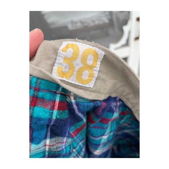 90s Izod Lacoste Tan Chinos Trousers Pleat Front Flannel Plaid Lining Cotton - Picture 8 of 8